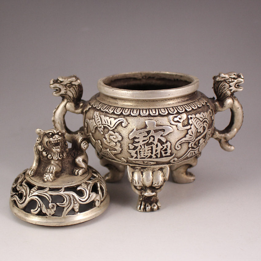 Chinese White Copper 3 Legs Incense Burner