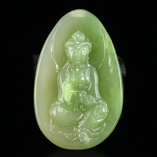 Chinese Natural Green Hetian Jade Kwan-yin Pendant w Certificate