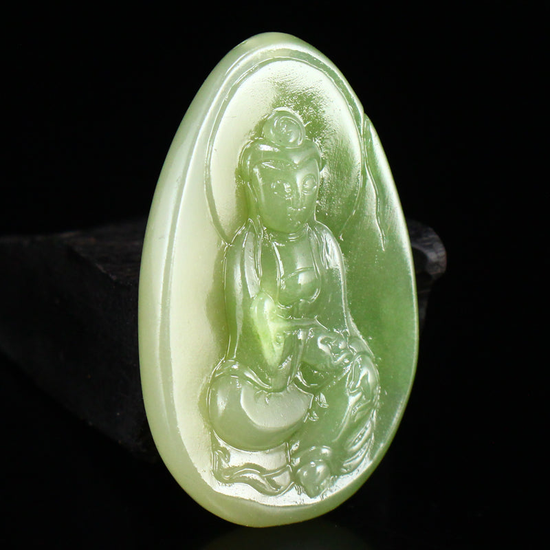 Chinese Natural Green Hetian Jade Kwan-yin Pendant w Certificate