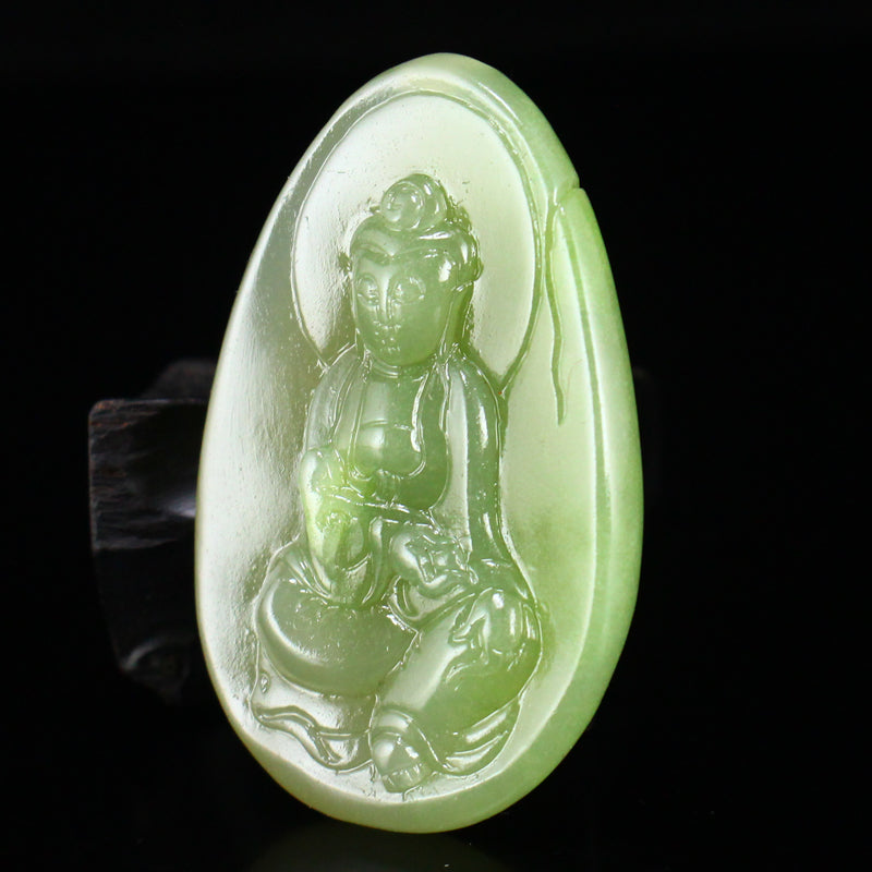 Chinese Natural Green Hetian Jade Kwan-yin Pendant w Certificate