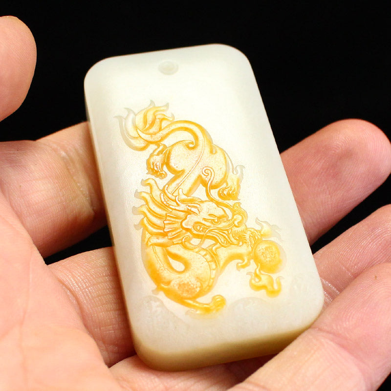 Chinese Hetian Jade Low Relief Fortune Dragon Pendant