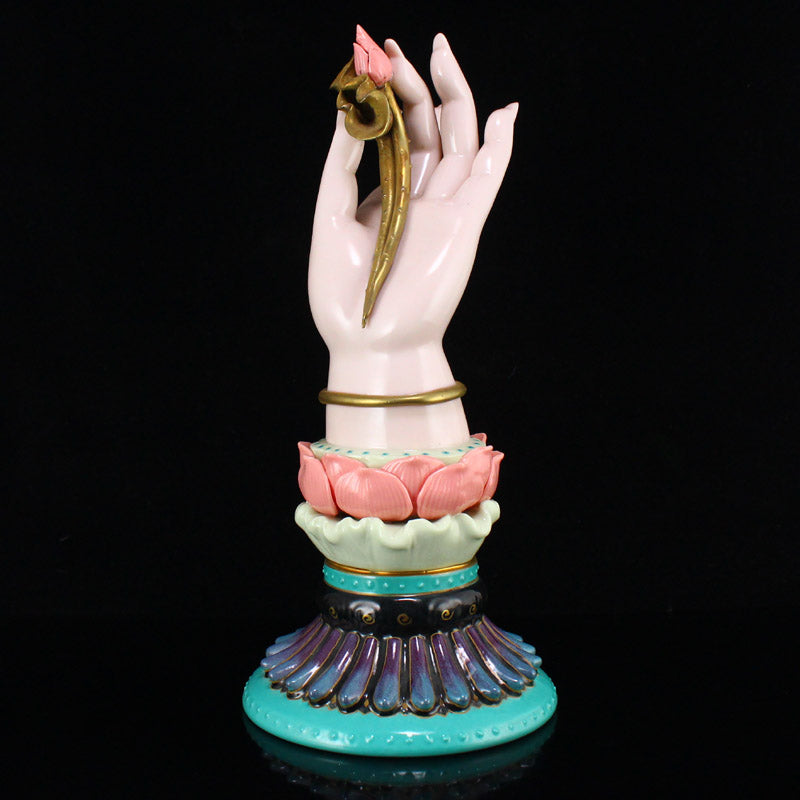 Chinese Gilt Gold Porcelain Lotus Flower Buddha's Hand Statue w Qianlong Mark