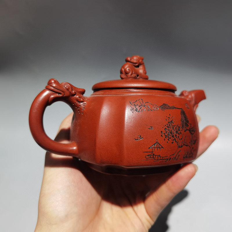 Chinese Yixing Zisha Clay Poetic Prose Dragon Head Teapot w Artist Signed