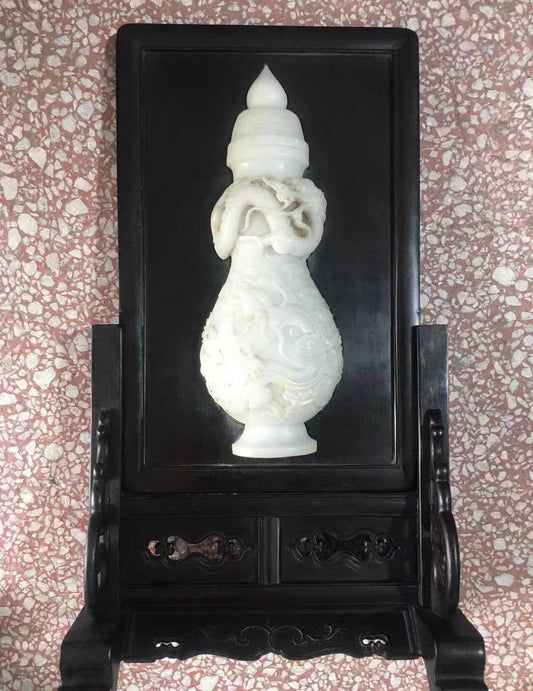 Chinese Zitan Wood Inlay White Jade Vase Screen