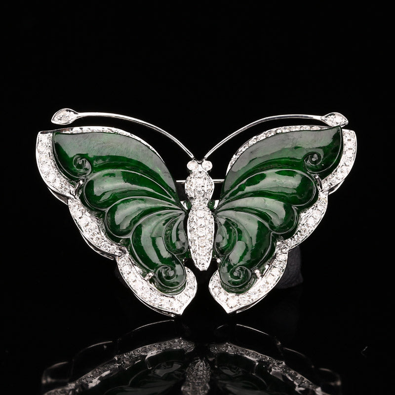 18K White Gold Inlay Emerald Jadeite Natural Diamonds Butterfly Pendant