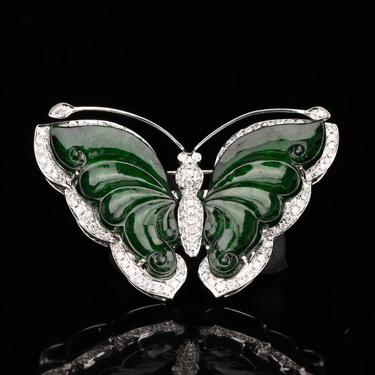 18K White Gold Inlay Emerald Jadeite Natural Diamonds Butterfly Pendant