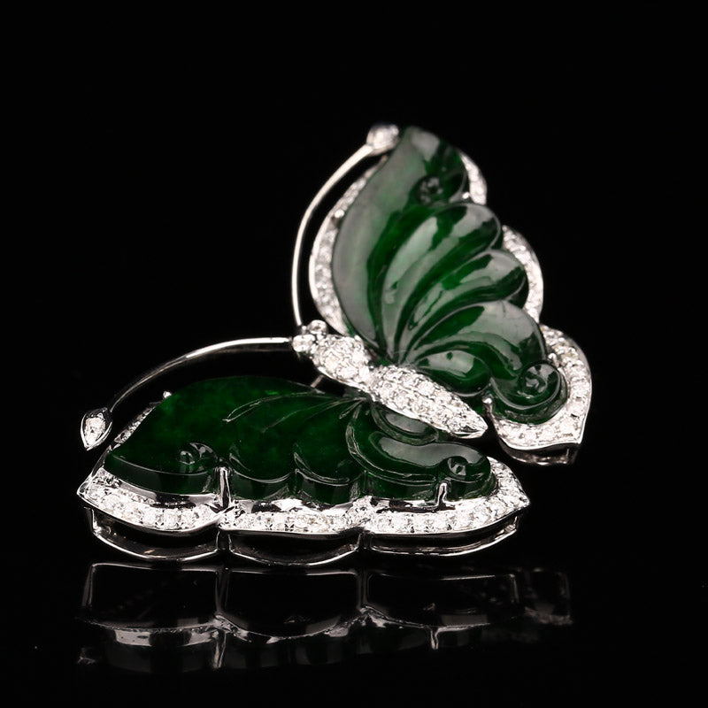 18K White Gold Inlay Emerald Jadeite Natural Diamonds Butterfly Pendant