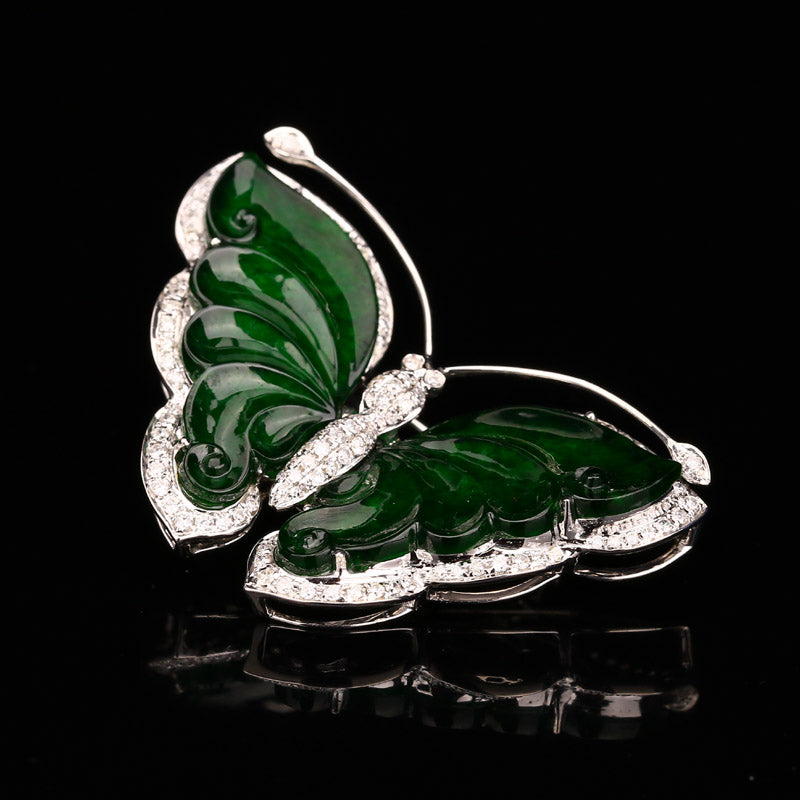 18K White Gold Inlay Emerald Jadeite Natural Diamonds Butterfly Pendant