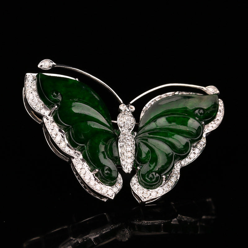 18K White Gold Inlay Emerald Jadeite Natural Diamonds Butterfly Pendant