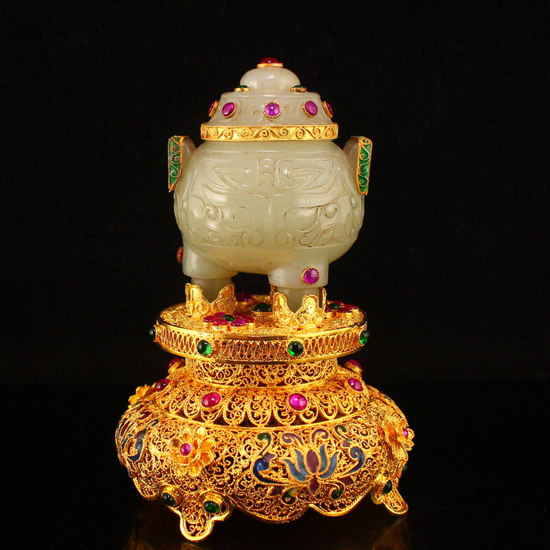 Chinese Gilt Gold Hetian Jade Inlay Gem Double Ears 3 Legs Incense Burner w Gold Wire Enamel Base & Qianlong Mark