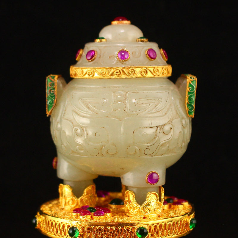 Chinese Gilt Gold Hetian Jade Inlay Gem Double Ears 3 Legs Incense Burner w Gold Wire Enamel Base & Qianlong Mark