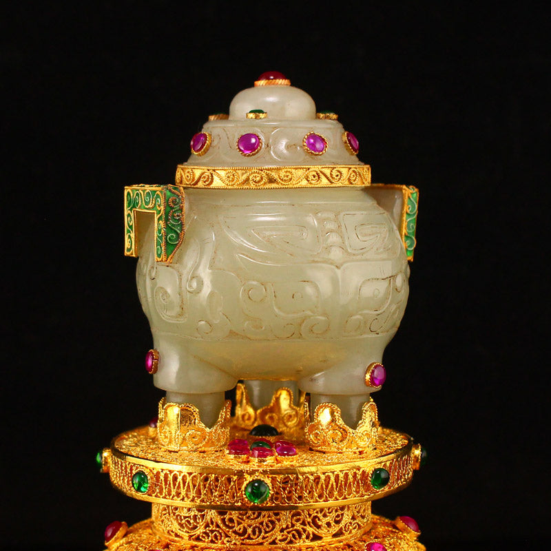 Chinese Gilt Gold Hetian Jade Inlay Gem Double Ears 3 Legs Incense Burner w Gold Wire Enamel Base & Qianlong Mark