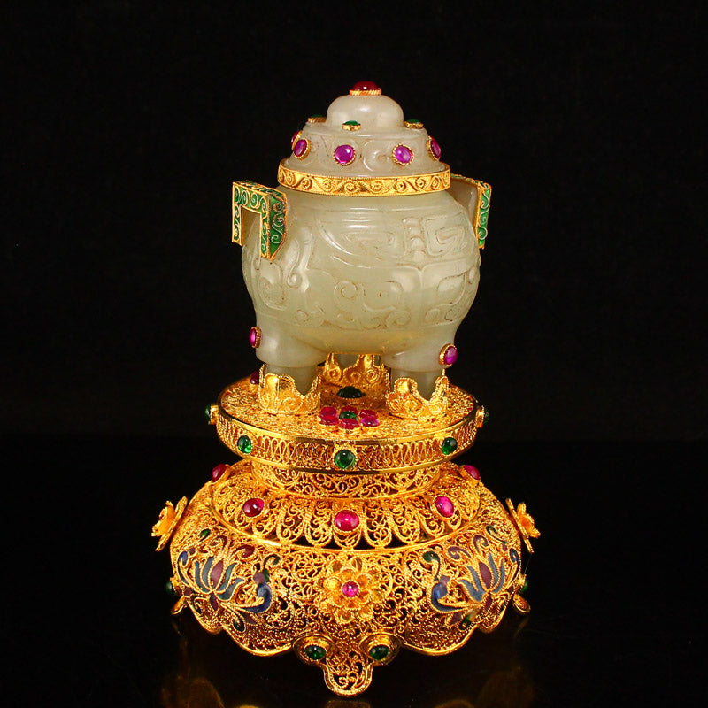 Chinese Gilt Gold Hetian Jade Inlay Gem Double Ears 3 Legs Incense Burner w Gold Wire Enamel Base & Qianlong Mark