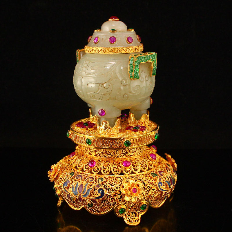 Chinese Gilt Gold Hetian Jade Inlay Gem Double Ears 3 Legs Incense Burner w Gold Wire Enamel Base & Qianlong Mark