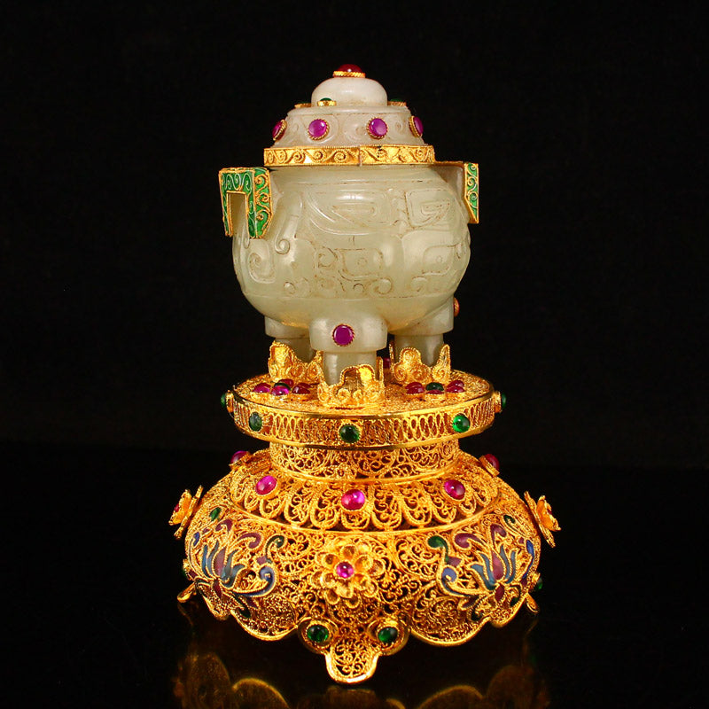 Chinese Gilt Gold Hetian Jade Inlay Gem Double Ears 3 Legs Incense Burner w Gold Wire Enamel Base & Qianlong Mark