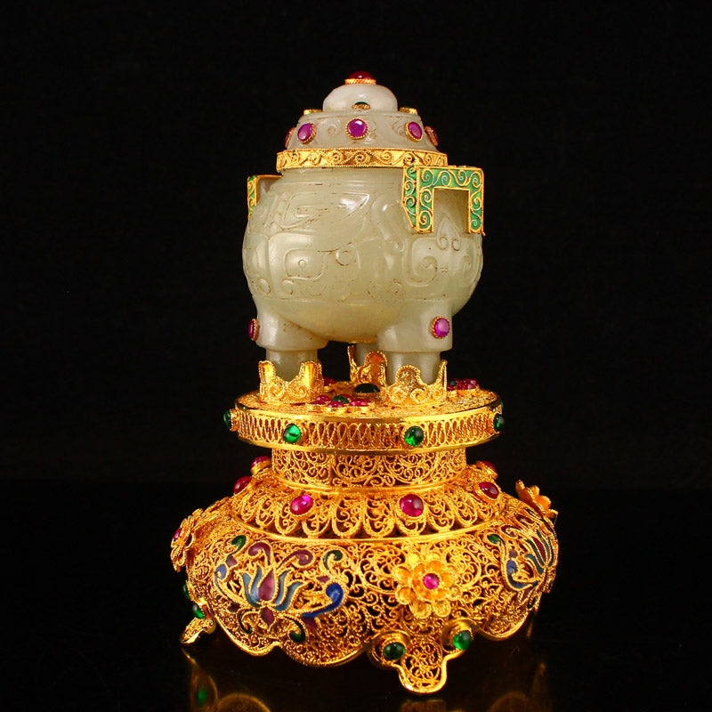 Chinese Gilt Gold Hetian Jade Inlay Gem Double Ears 3 Legs Incense Burner w Gold Wire Enamel Base & Qianlong Mark