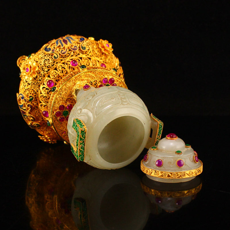 Chinese Gilt Gold Hetian Jade Inlay Gem Double Ears 3 Legs Incense Burner w Gold Wire Enamel Base & Qianlong Mark