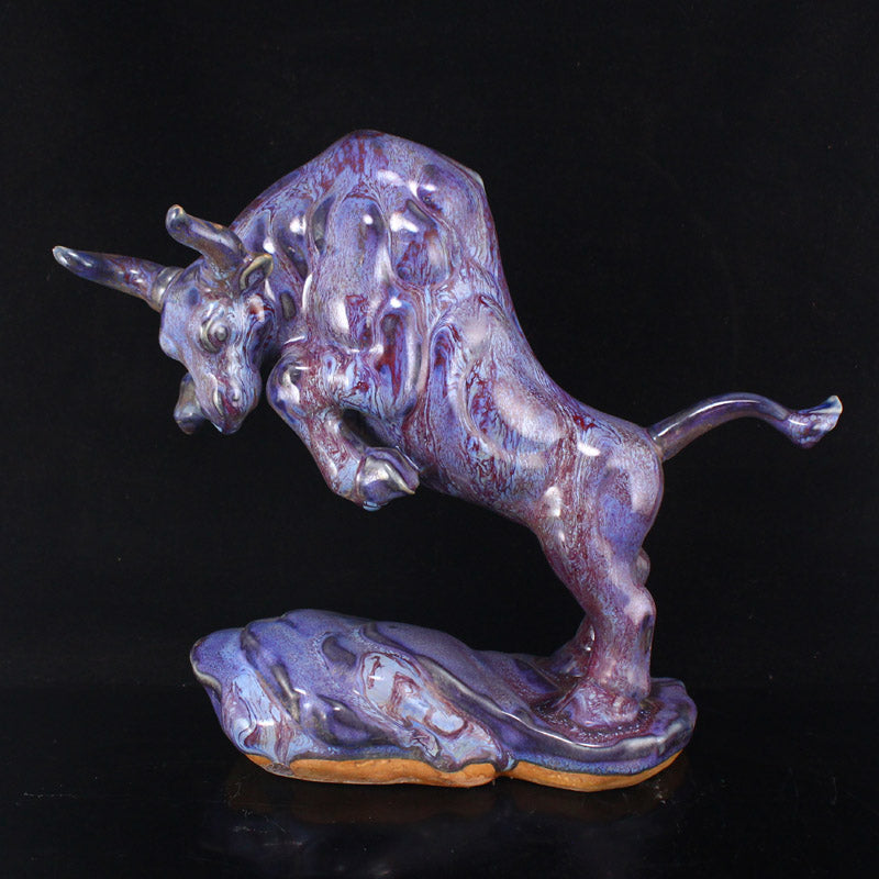 Chinese Jun Kiln Variable Glaze Fortune Ox Porcelain Statue