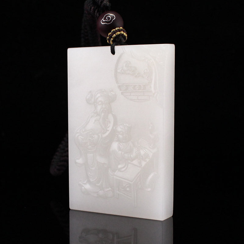 High Quality Natural White Hetian Jade Carved Fortune Taoism Deity Pendant