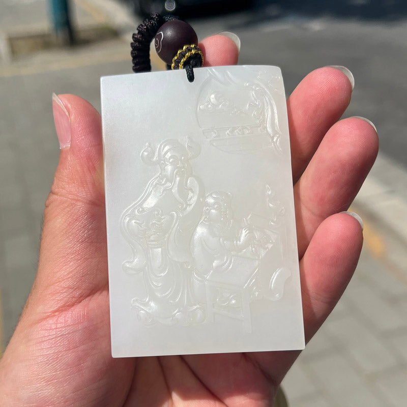 High Quality Natural White Hetian Jade Carved Fortune Taoism Deity Pendant