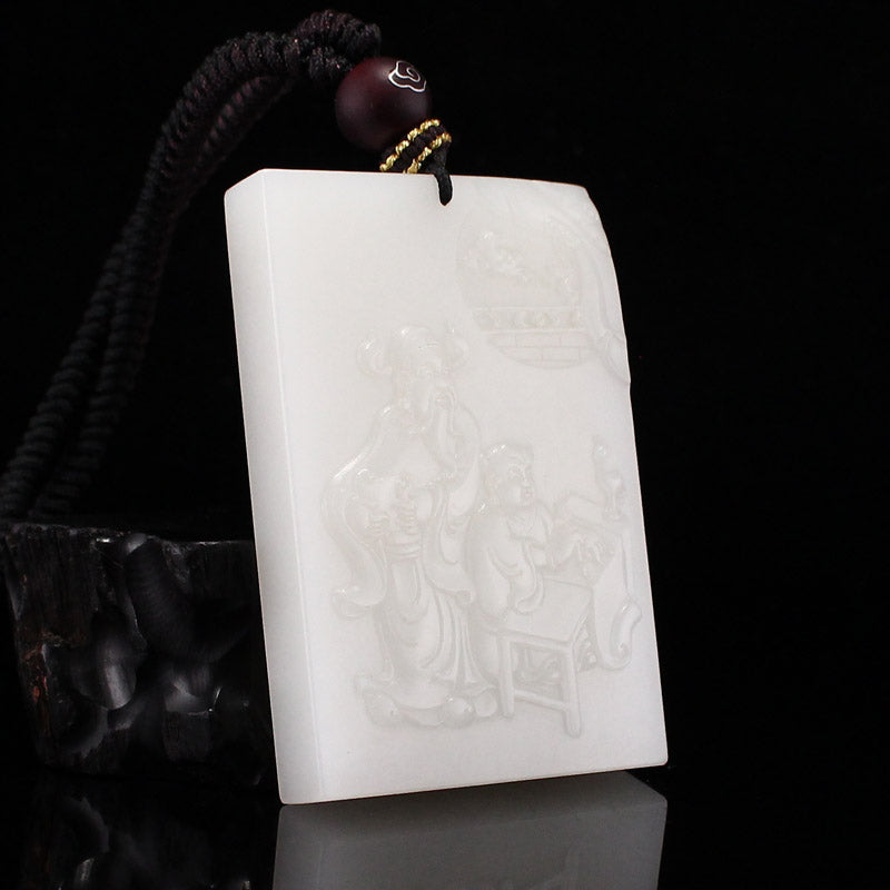 High Quality Natural White Hetian Jade Carved Fortune Taoism Deity Pendant