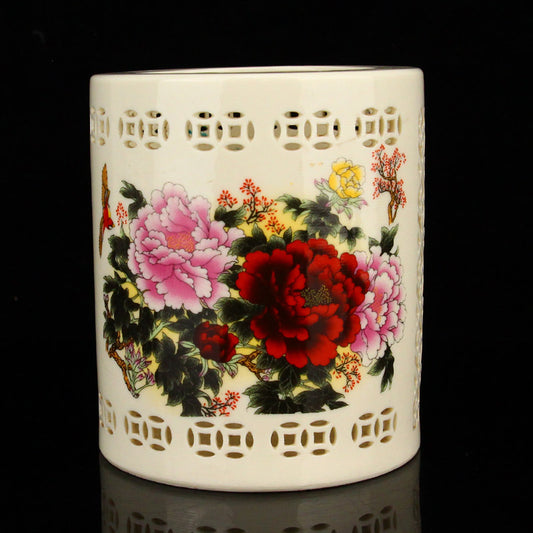 Openwork Chinese Famille Rose Flower Design Brush Pot