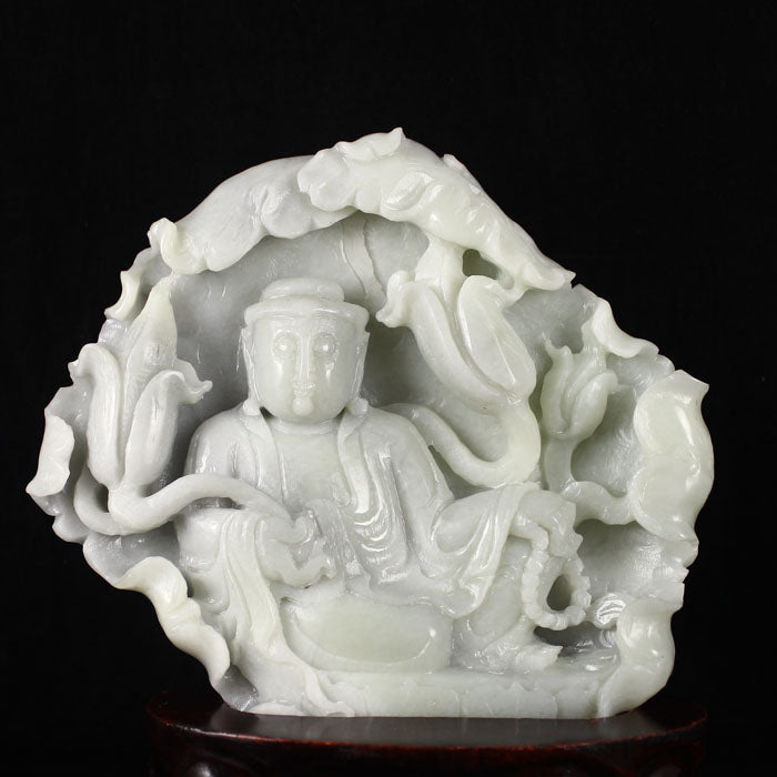 Chinese Natural Hetian Jade Kwan-yin Statue