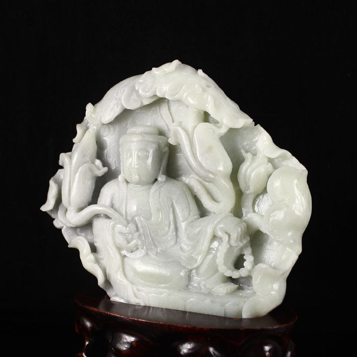 Chinese Natural Hetian Jade Kwan-yin Statue