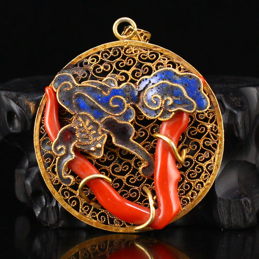 Chinese Gold Wire Gilt Gold Enamel Inlay Red Coral Pendant