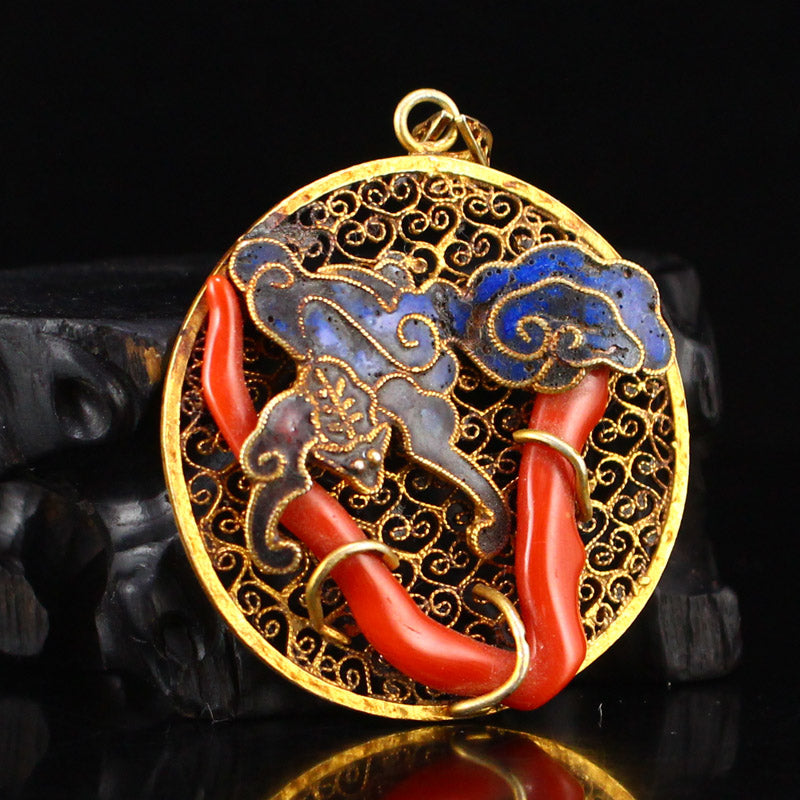 Chinese Gold Wire Gilt Gold Enamel Inlay Red Coral Pendant