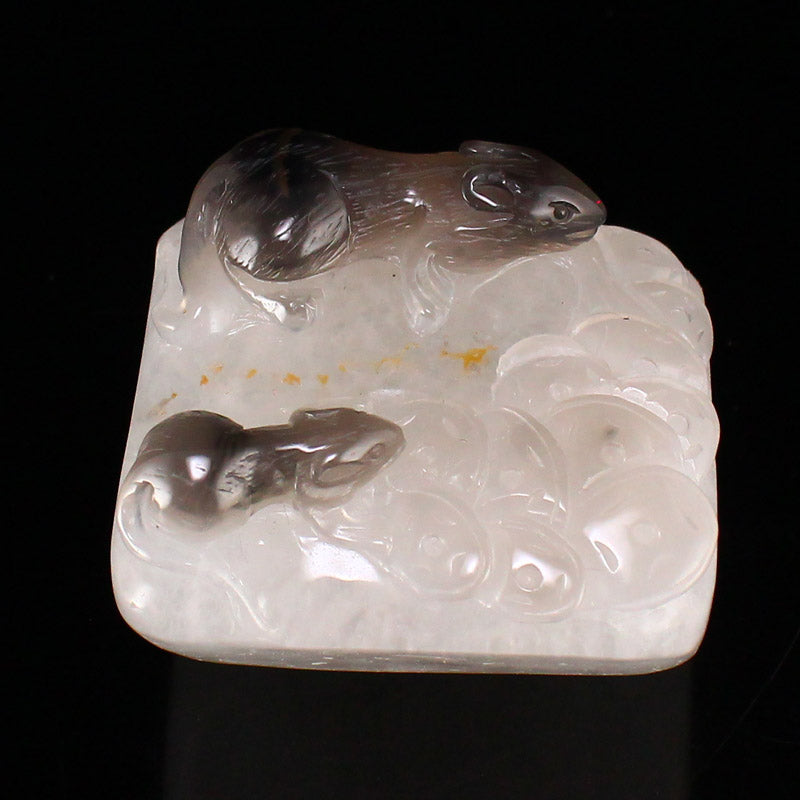 Beautiful White & Gray Agate Carved Mouse & Coin Seal w Certificate