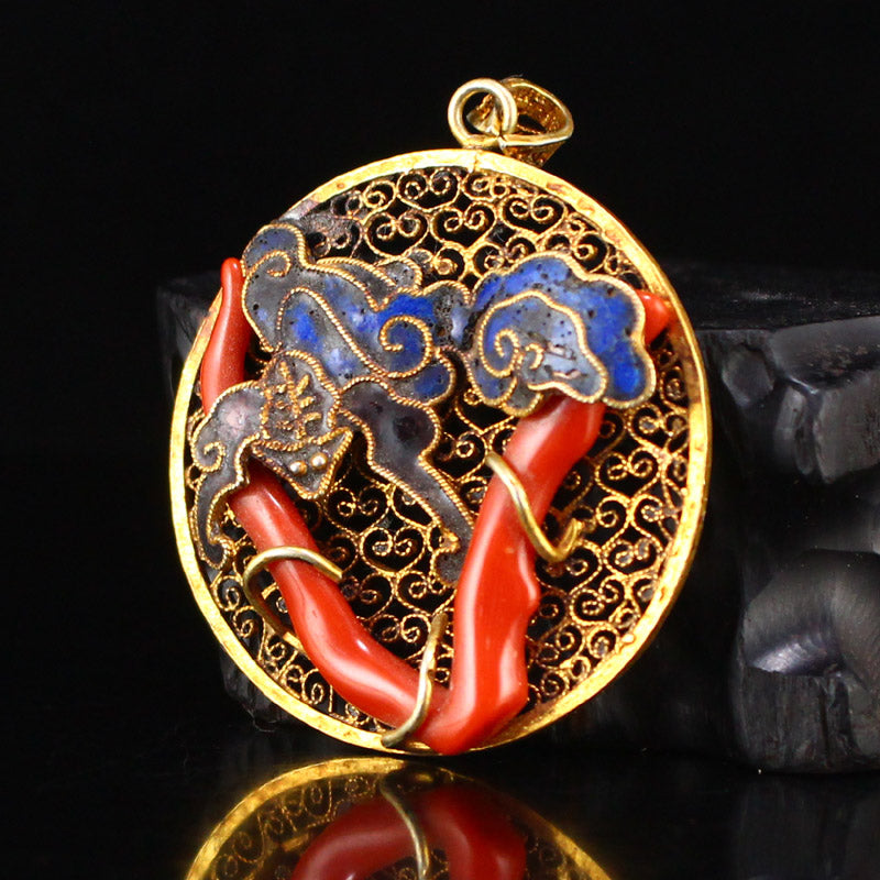 Chinese Gold Wire Gilt Gold Enamel Inlay Red Coral Pendant