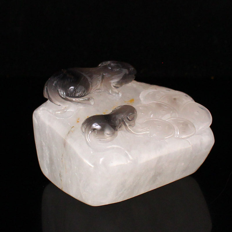 Beautiful White & Gray Agate Carved Mouse & Coin Seal w Certificate