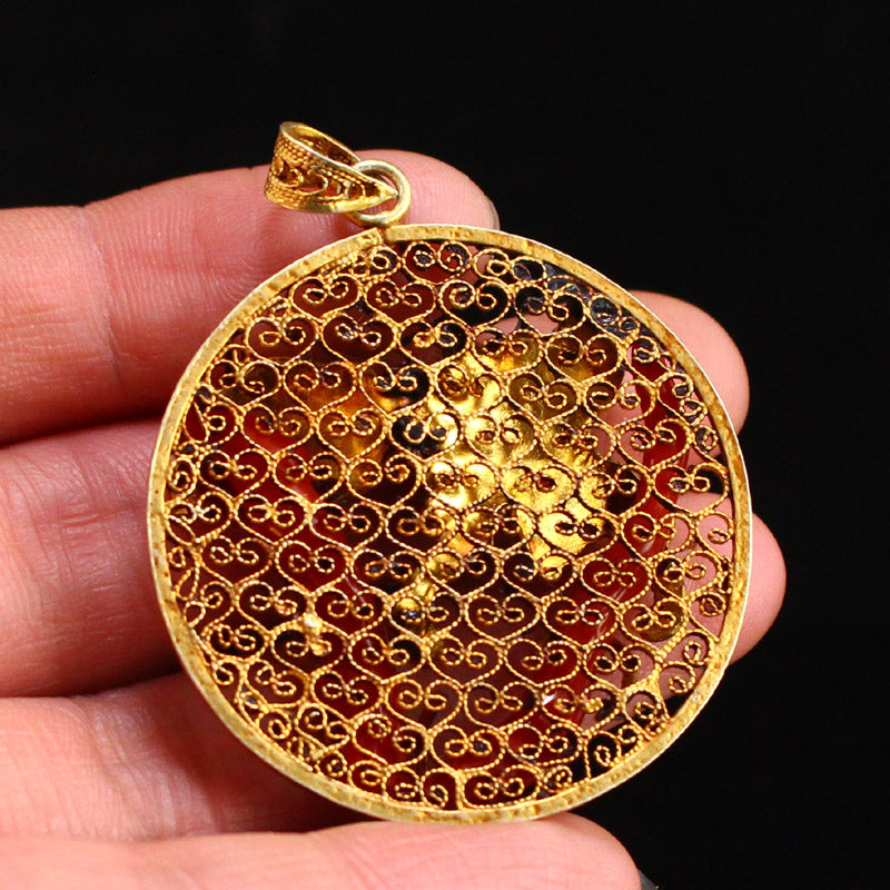 Chinese Gold Wire Gilt Gold Enamel Inlay Red Coral Pendant