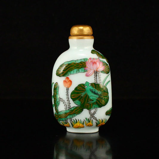 Chinese Gilt Gold Famille Rose Lotus Flower Porcelain Snuff Bottle