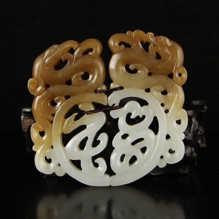 A Pair Superb Openwork Chinese Hetian Jade Dragon Phoenix Pendant