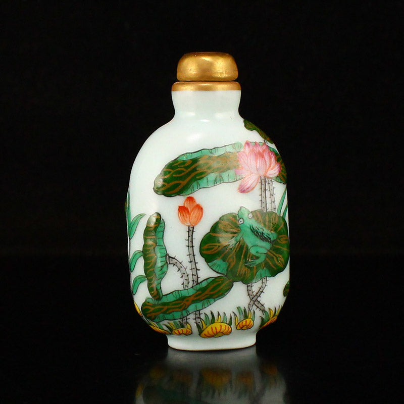 Chinese Gilt Gold Famille Rose Lotus Flower Porcelain Snuff Bottle