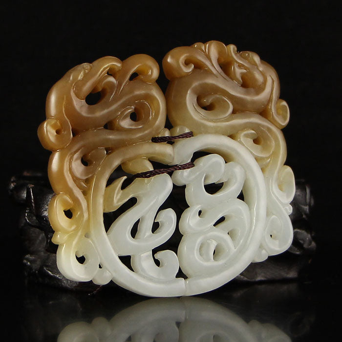 A Pair Superb Openwork Chinese Hetian Jade Dragon Phoenix Pendant