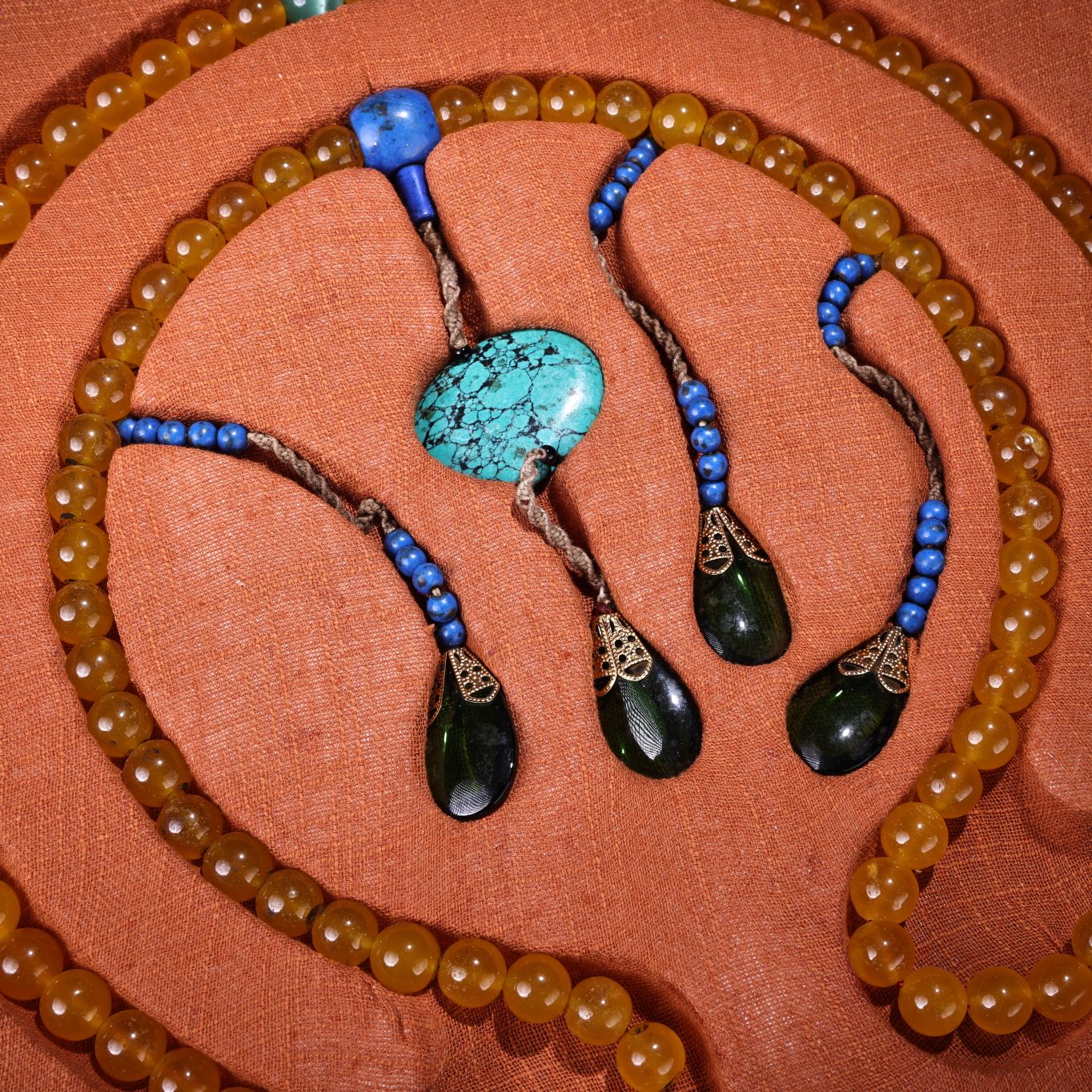 Chinese Huanglong Jade & Turquoise, Lapis Lazuli Beads Court Officials Necklace w Box