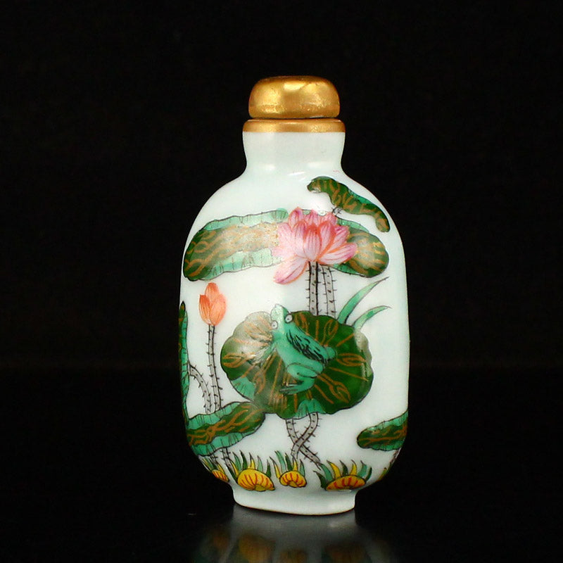 Chinese Gilt Gold Famille Rose Lotus Flower Porcelain Snuff Bottle