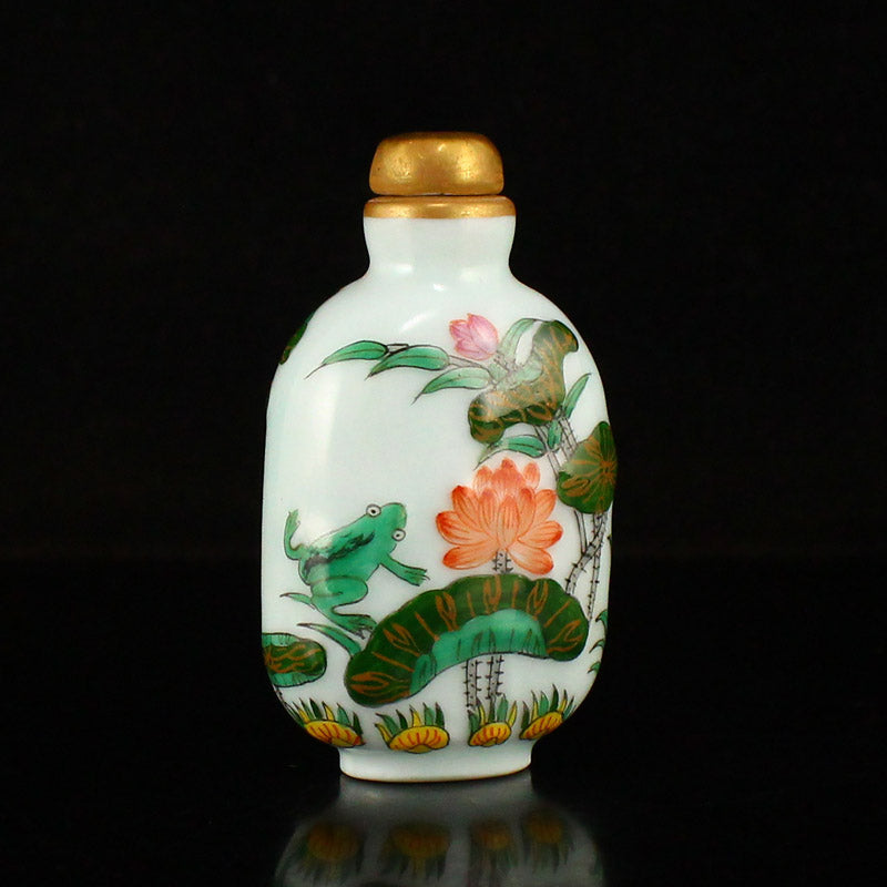 Chinese Gilt Gold Famille Rose Lotus Flower Porcelain Snuff Bottle