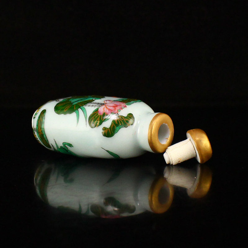 Chinese Gilt Gold Famille Rose Lotus Flower Porcelain Snuff Bottle