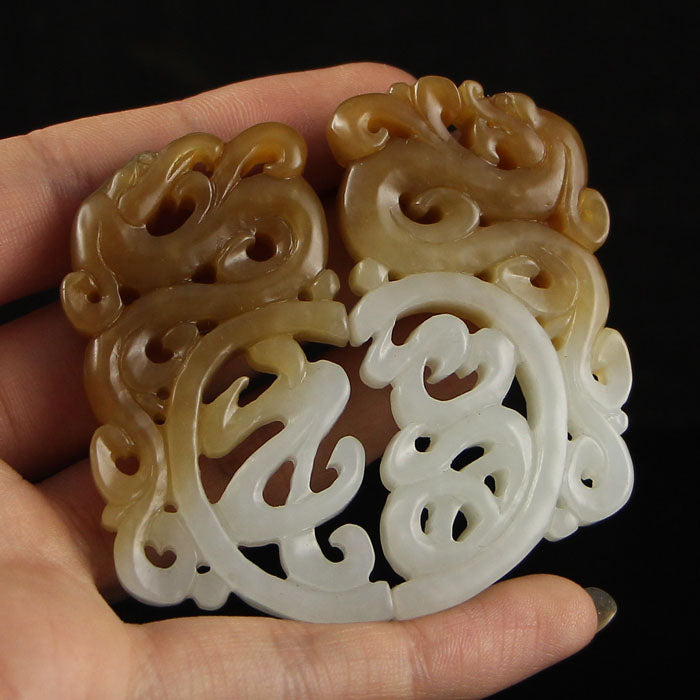 A Pair Superb Openwork Chinese Hetian Jade Dragon Phoenix Pendant