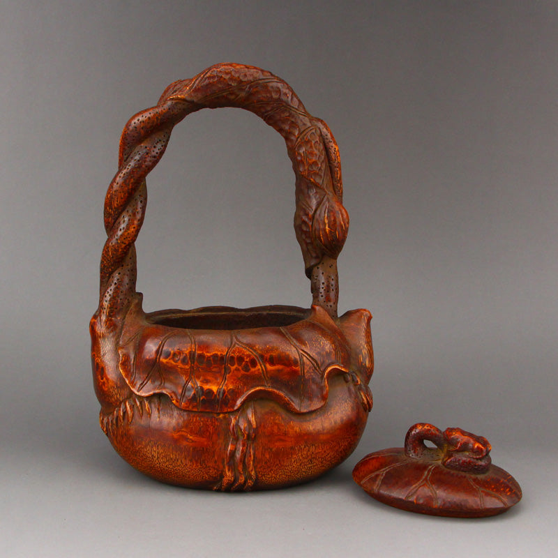 Vintage Chinese Bamboo Carved Handle Teapot