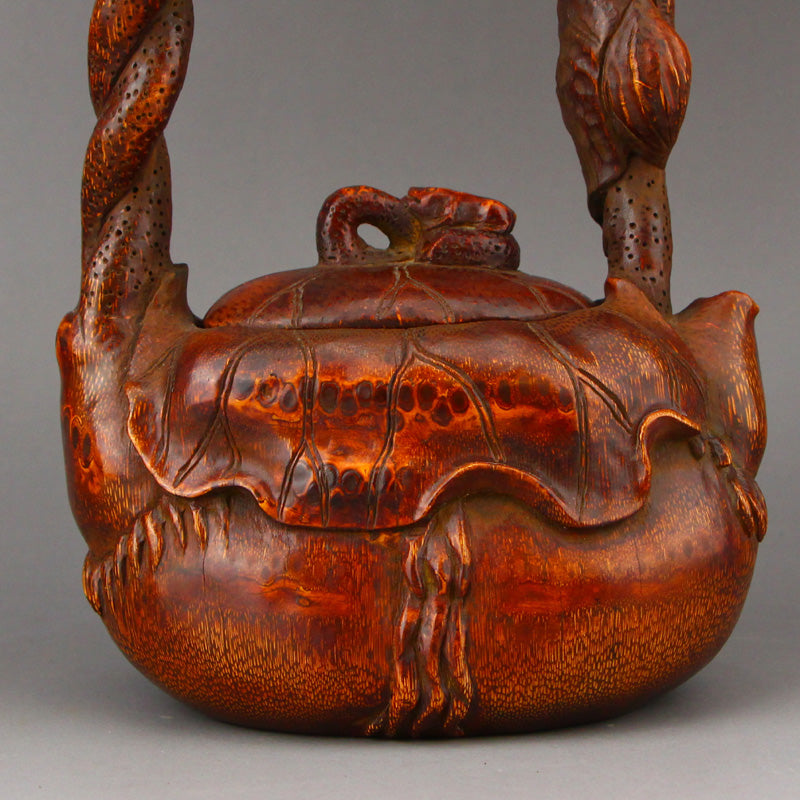 Vintage Chinese Bamboo Carved Handle Teapot