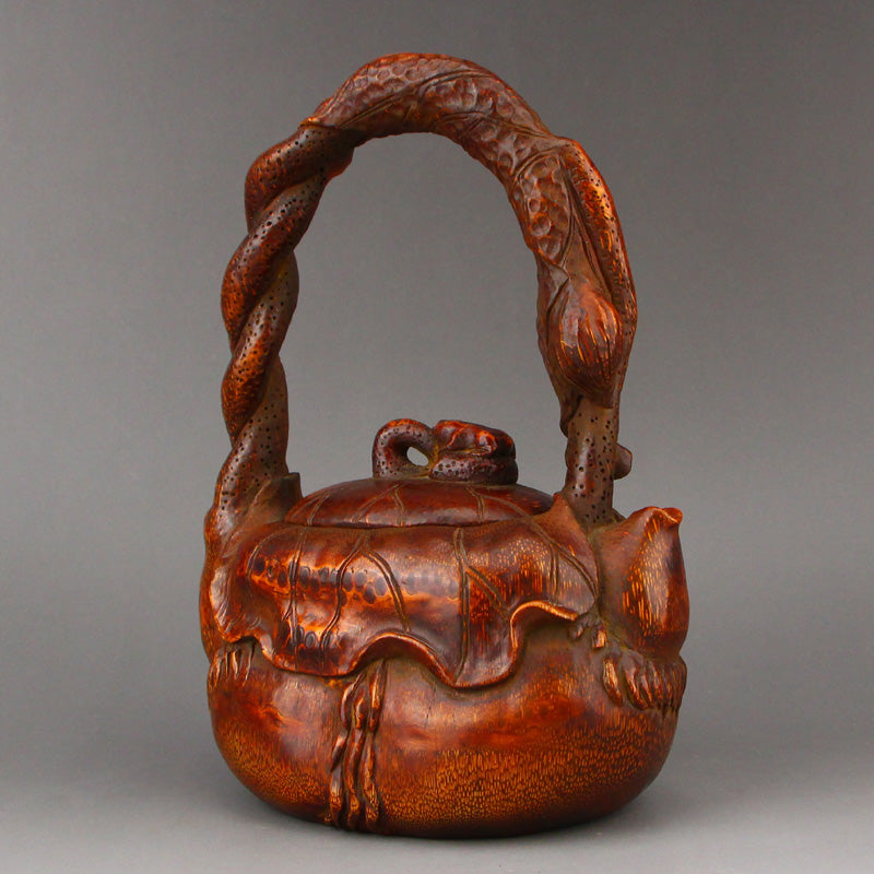 Vintage Chinese Bamboo Carved Handle Teapot