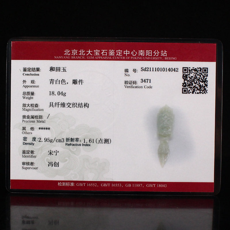 Natural Hetian Jade Carved Pestle Xiangmo Pendant w Certificate