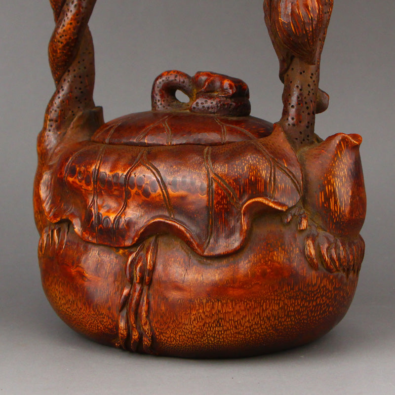 Vintage Chinese Bamboo Carved Handle Teapot