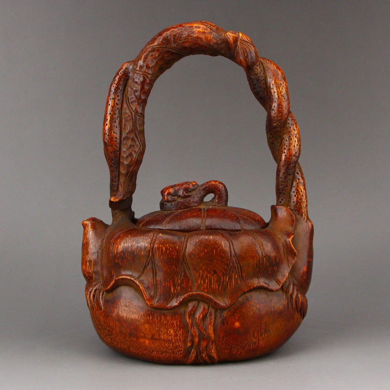 Vintage Chinese Bamboo Carved Handle Teapot