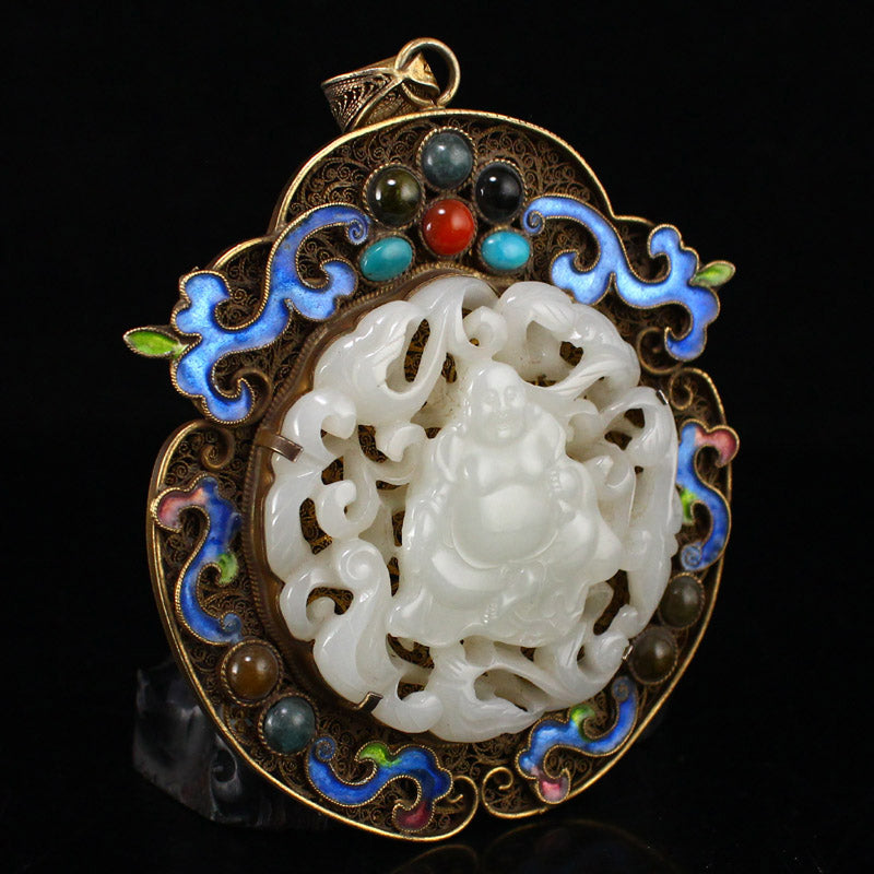 Openwork Old Pure Silver Wires Enamel Inlay Gem & White Hetian Jade Laughing Buddha Pendant